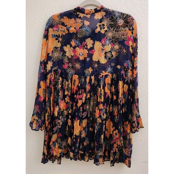 Free People Purple Floral Pleated Sheer Button Up Blouse Tunic Top Dress sz XS - Picture 9 of 12